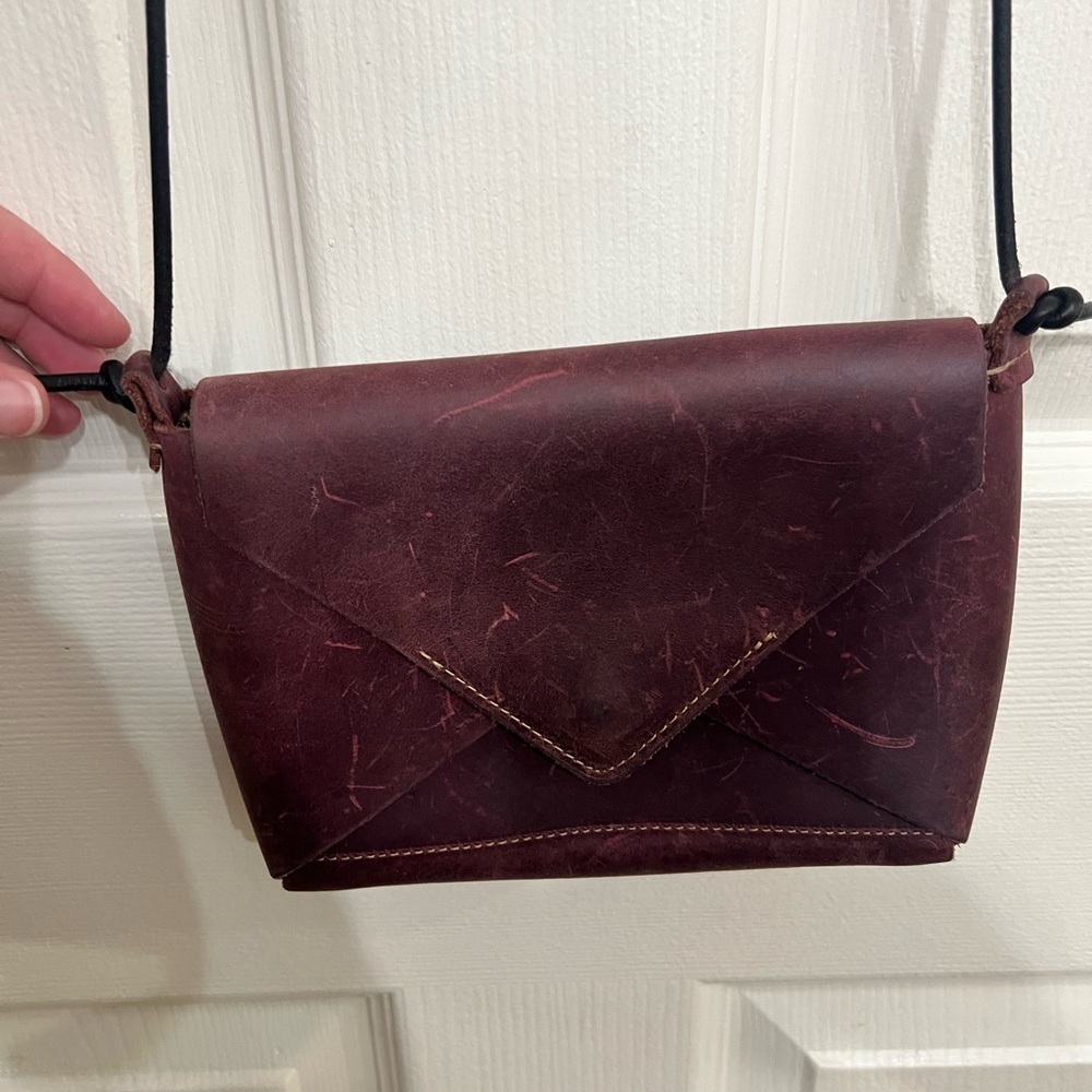 HOLTZ Genuine Fine Leather Envelop Mini Crossbody Bag Deep Burgundy